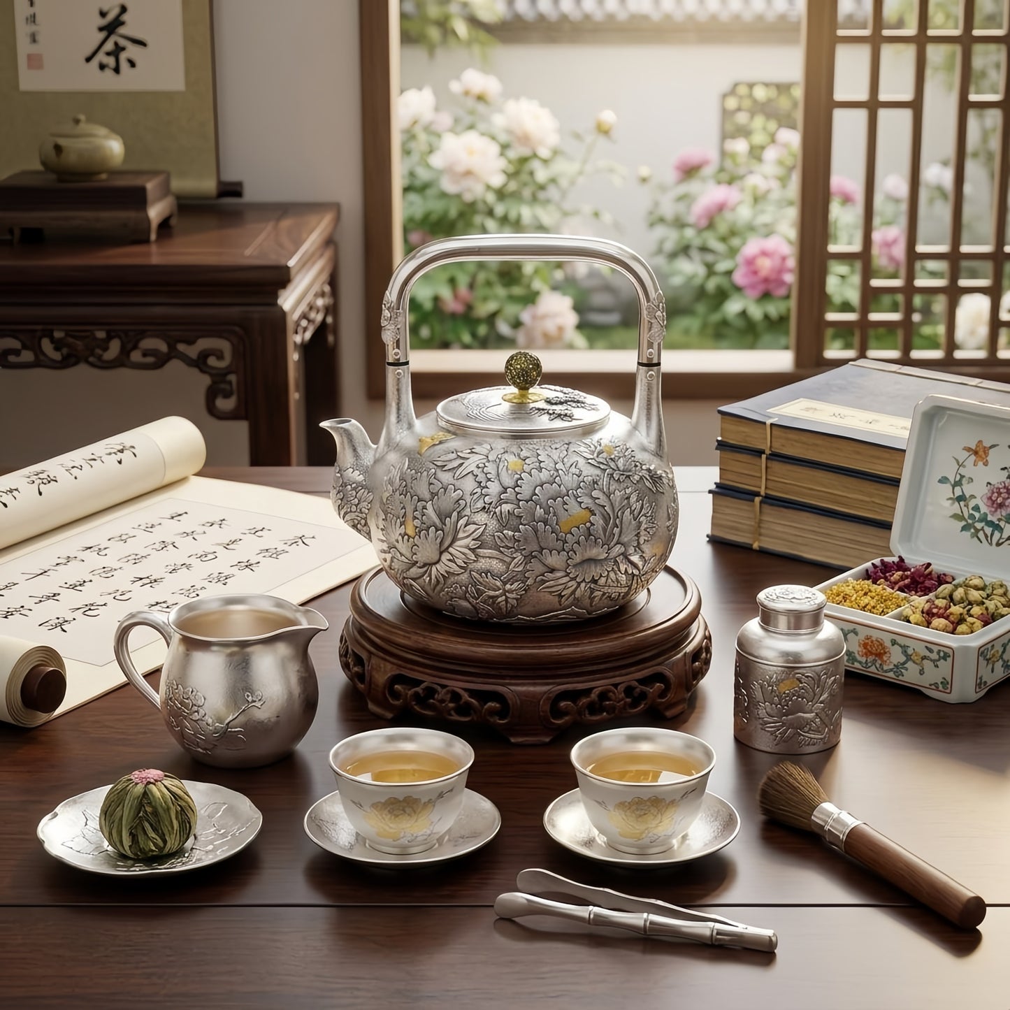 Pure 999 Fine Silver Handcrafted Sterling Silver Tea Kettle Featuring Elaborate Floral Motifs and Decorative Accents - Handicraft