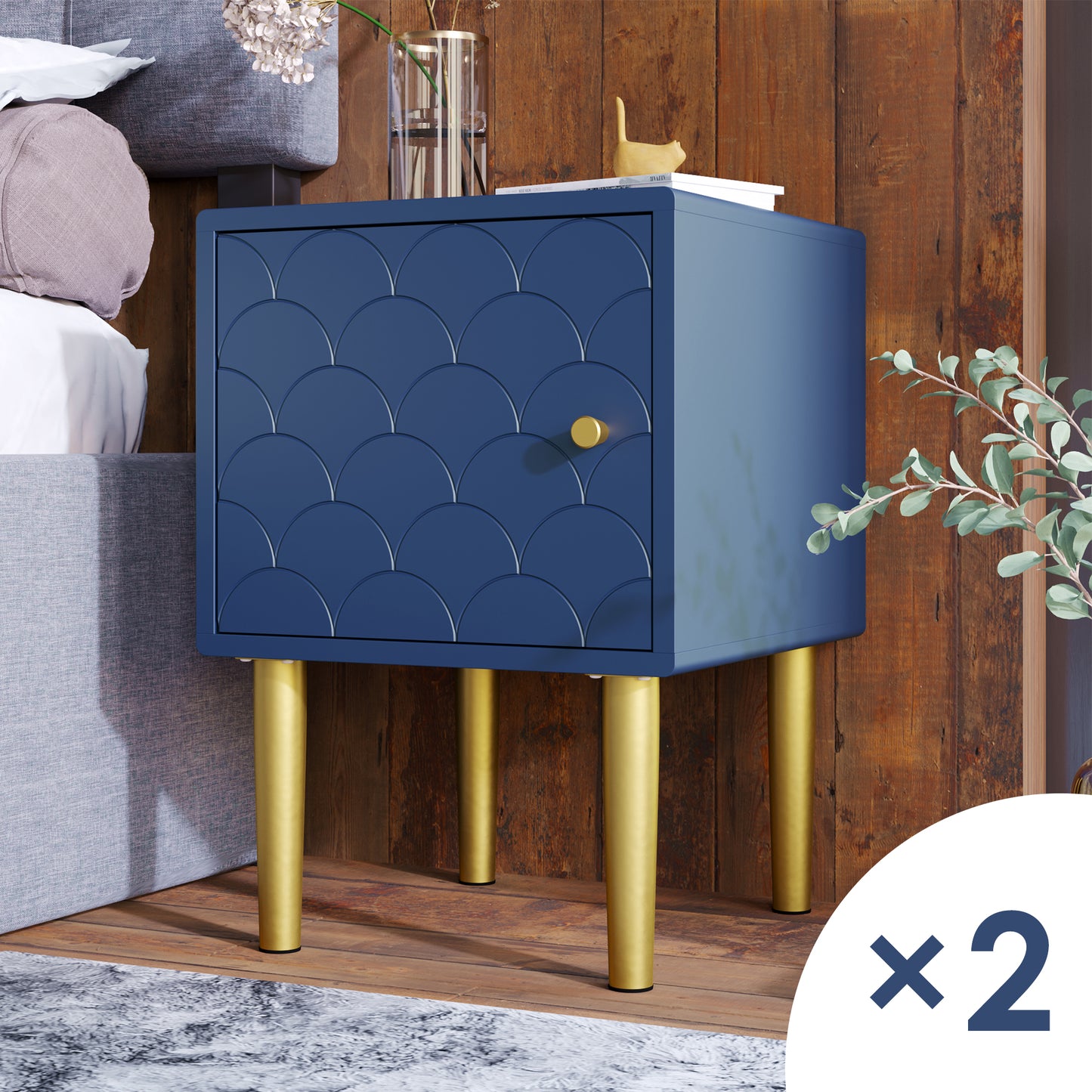 NEW Set Of 2 Bedside Table,Bedside Cabinet Side Table,Navy Blue, Sofa Table Matching Any Bed & Bedroom - H50 W35 D35 Cm