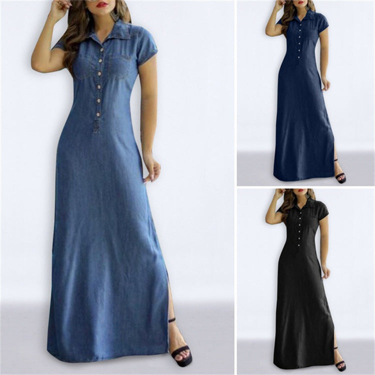 Women's Denim Look Turn Down Collar Short Sleeve Button Front Maxi Dress, Casual A-Line Long Dress For Daily & Office