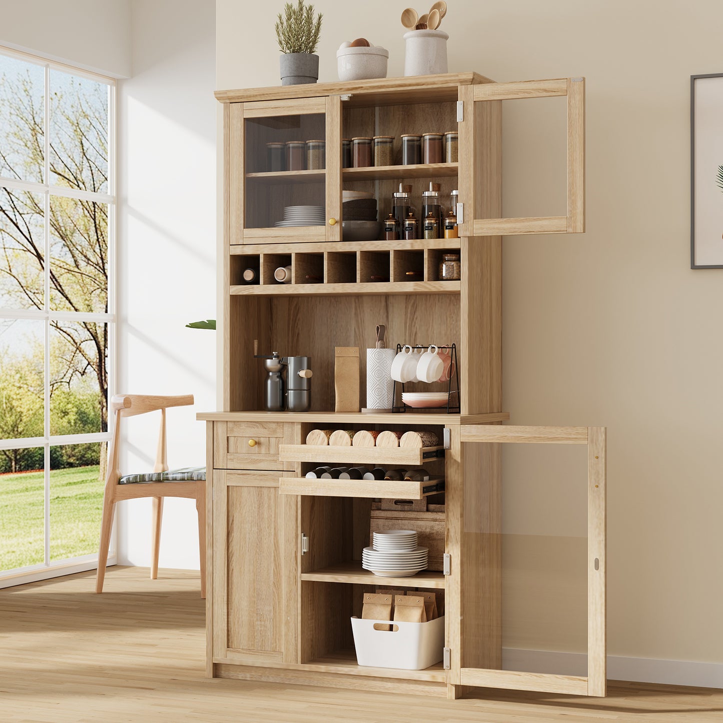 TOPMAx Farmhouse 35.4x17.7x74.8inch Freestanding Buffet With Hutch  Tall Kitchen Pantry Storage Cabinet With Wine Rack And Adjustable Shelves For Dining Room  Natural