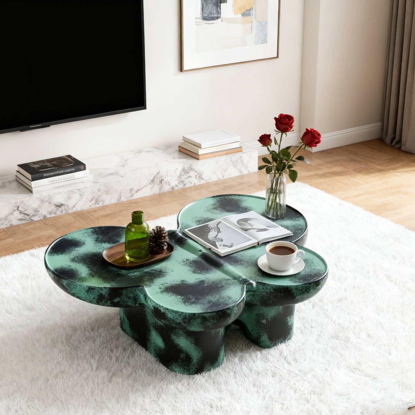 Modern Coffee Table Faux Travertine Textured For Livingroom Office,Green    Black