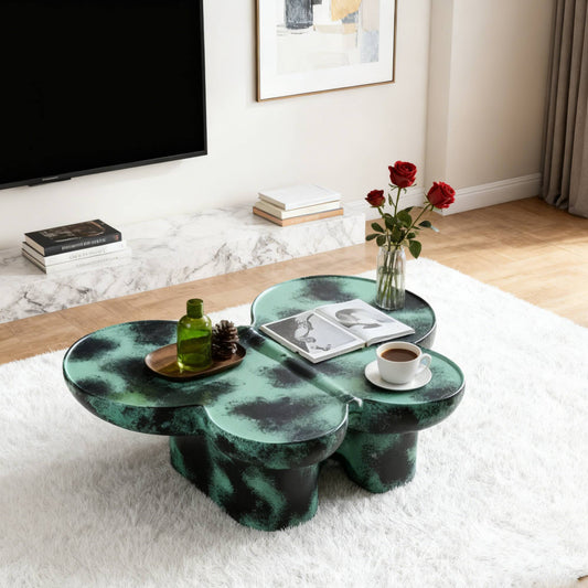 Modern Coffee Table Faux Travertine Textured For Livingroom Office,Green    Black