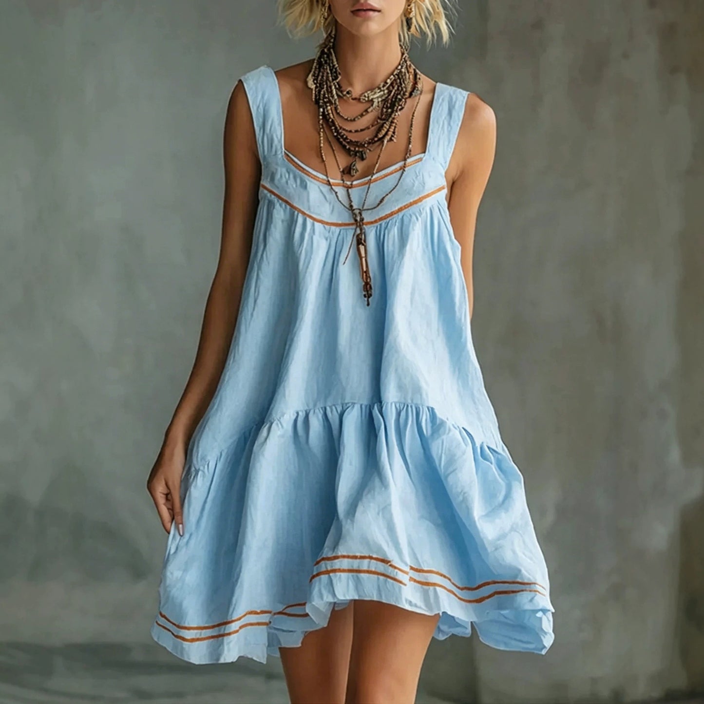 New Retro Casual Chic Embossed Comfortable Solid-color Cotton-linen Mini Slip Dress