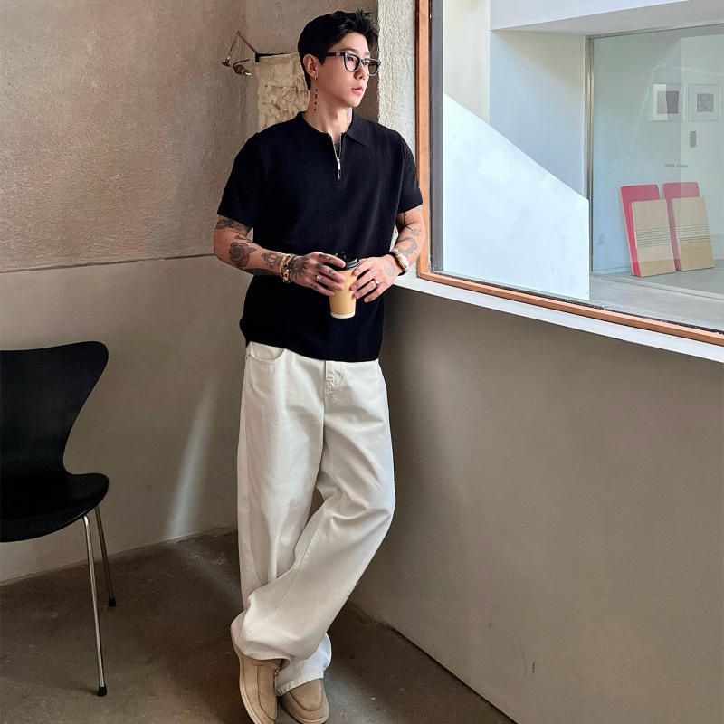 Mens Seasonal Lapel Knitted Short-Sleeve T-Shirt