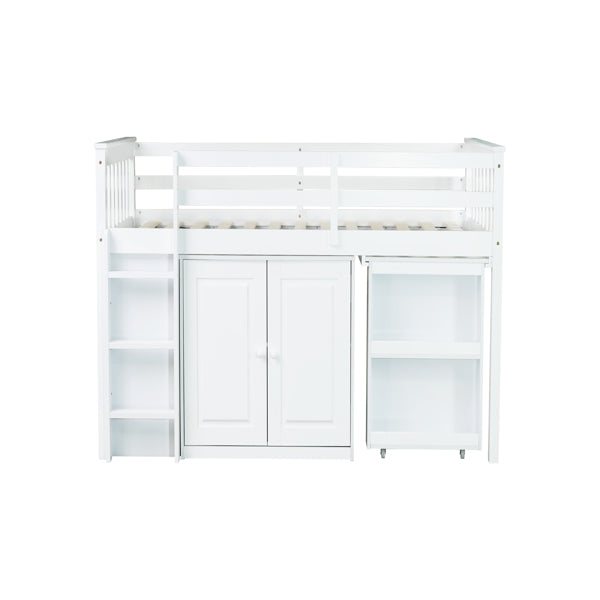 Twin Loft Bed With Storage Cabinet, Drawer And Shelf Cabinet And Pulling-Out Desk, Rubber Wood Loft Bed With Safety Guardrail, Ladder,White