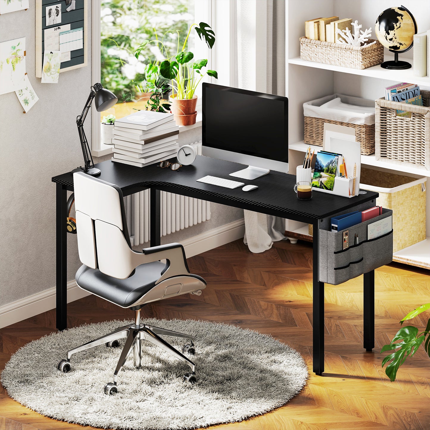 L-Shaped Computer Gaming Desk With Fabric Bag, Hooks And Cable Management, 145 X 81 X 76cm - Black