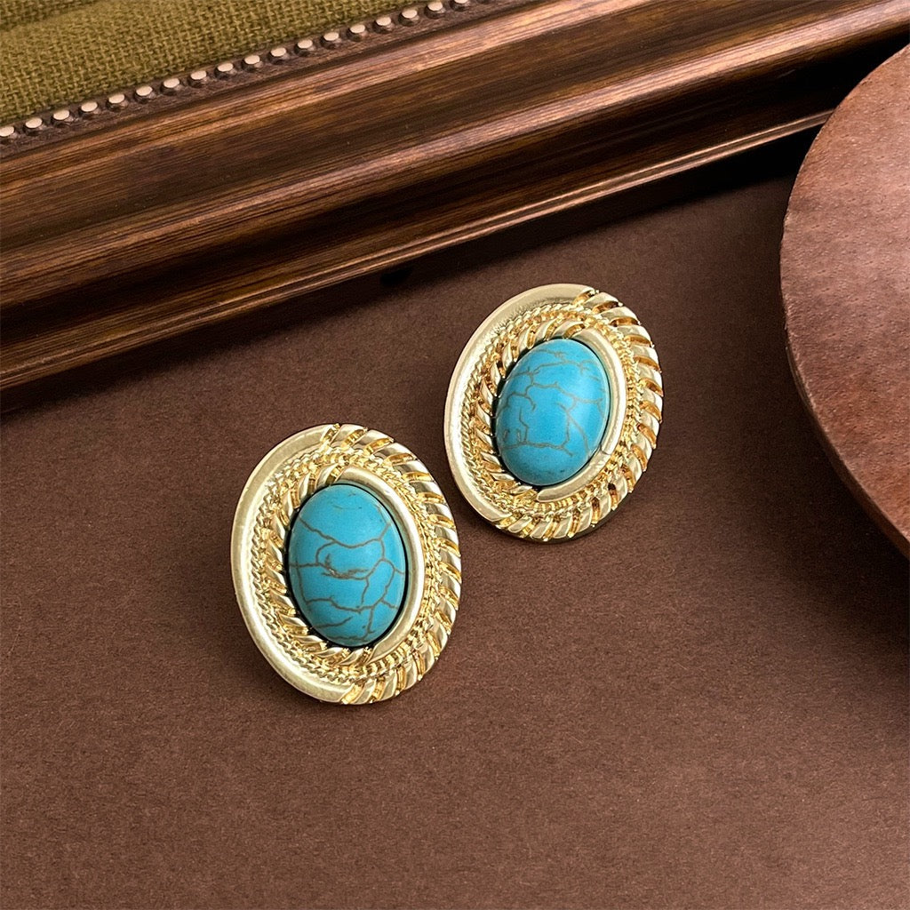 Retro Artistic Turquoise Earrings For Women Synthetic Stone Stud Earrings Vintage Bold Jewelry Gift
