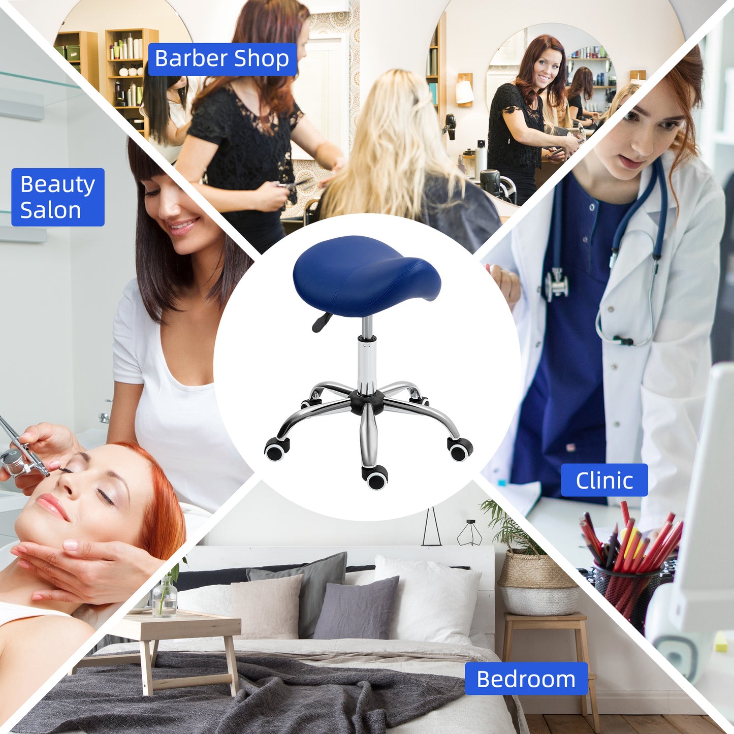 Saddle Stool, Height Adjustable Salon Chair For Massage Spa, Faux Leather, Dark Blue