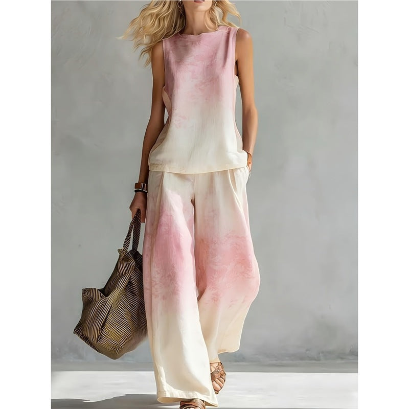 New-style Rainbow Tie-dye Sleeveless Crew-neck Top And Wide-leg Pants Womens Casual Two-piece Set