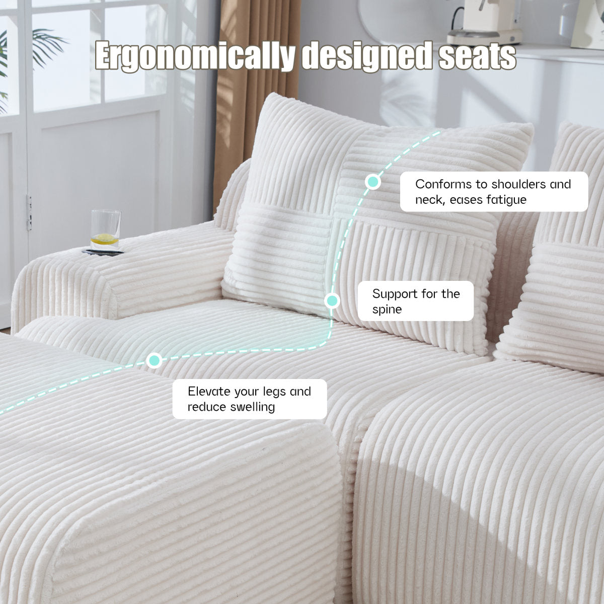 Modular 2-Seater Corduroy Sofa With Ottomans, Freely Configurable Sofa Set With Cup Holders And Side Storage Pockets, Ideal For Living Rooms, Family Rooms, And Other Spaces, Beige
