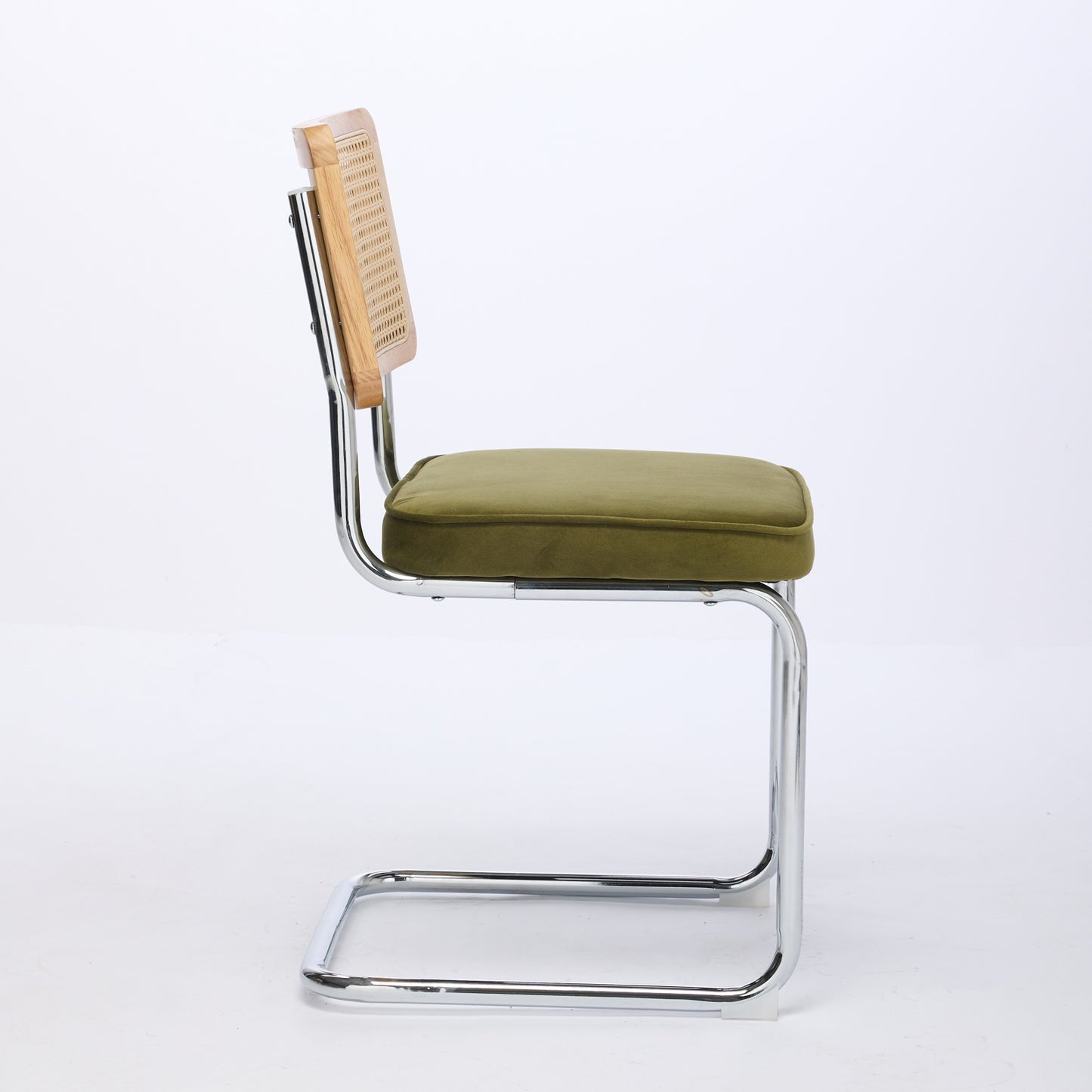 Mid Century Modern Dining Chairs Set Of 2, Velvet Accent Chairs With Natural Cane Back & Stainless Chrome Base, Famous Breuer Designed Chairs, Upholstered Rattan Kitchen Chairs,Olive Green, DE1851OL