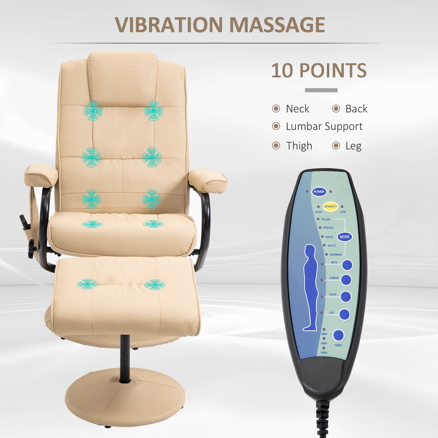 Swivel Recliner Chair And Footstool, Faux Leather Massage Recliner Armchair With Remote Control And Round Wrapped Base, Beige