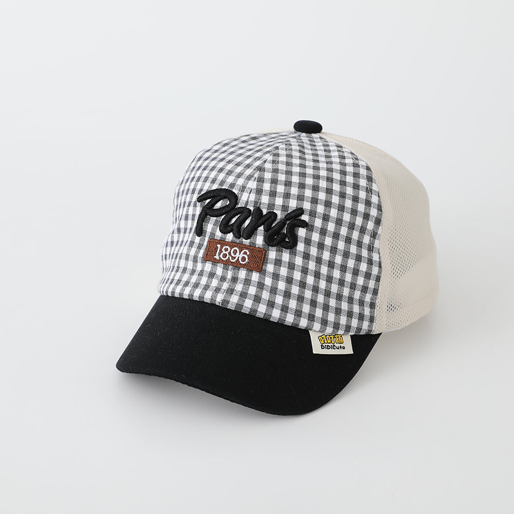 Summer Boys And Girls' Checkered Mesh Paris Letter-patterned Breathable Baseball Cap For Outdoor Outings, Sun Protection, Children's Hat