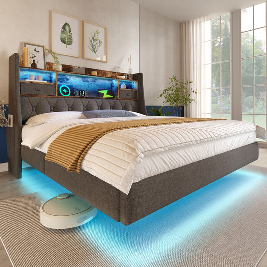 Upholstered Bed 160x200 Cm Floating Bed With LED Lighting, Headboard And Charging Station 1 Type-C, 3 USB Ports , Modern Double Bed With Storage Headboard And Slatted Base, Linen, Grey Without Mattres