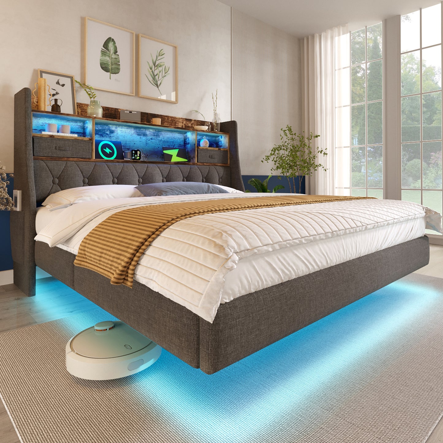 Upholstered Bed 140x190 Cm Floating Bed With LED Lighting, Headboard And Charging Station 1 Type-C, 3 USB Ports , Modern Double Bed With Storage Headboard And Slatted Base, Linen, Grey Without Mattres