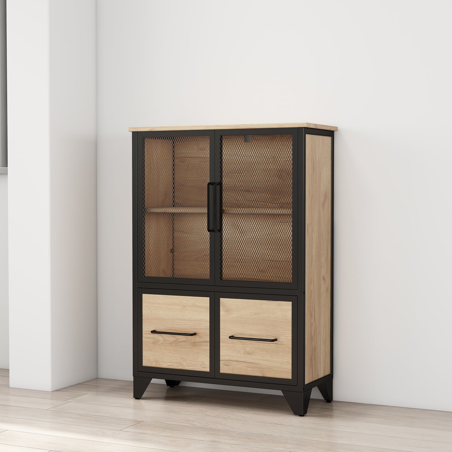 Storage Cabinet With 4 Iron Doors,Black Metal Handle,Sideboard With Adjustable Shelf,Black Sturdy Metal Frame And Metal Legs,Easy Assemble,For Living Room,Kitchen,Black Natural