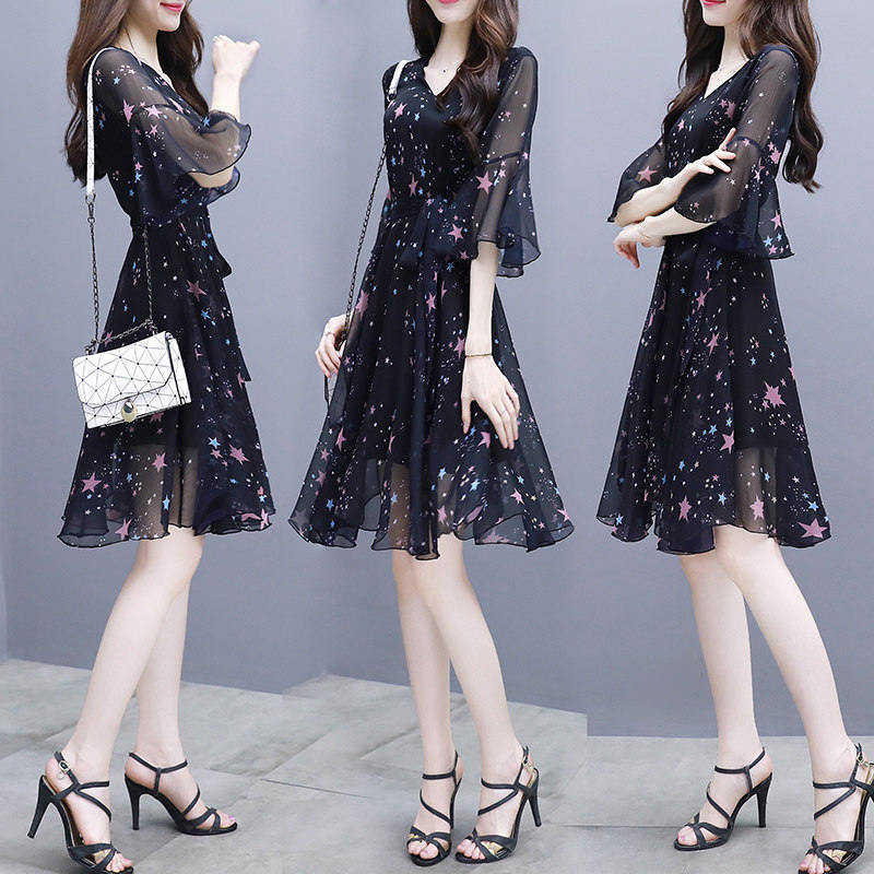 Elegant Social-print Chiffon Dress Korean Style