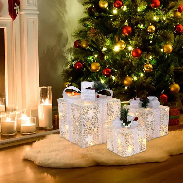 3pcs Square ABS Plastic Rack Garden Festive Decoration LED60 Light Warm White Light Cotton Thread Powder Gift Box