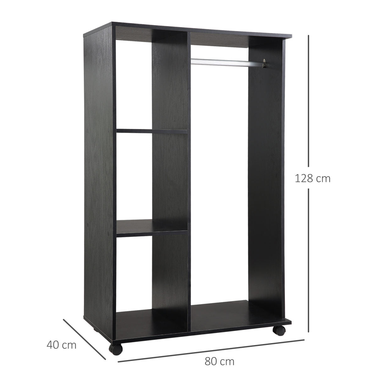 Open Wardrobe On Wheels, Bedroom Wardrobe With Clothes Hanging Rail, 3 Storage Shelves, Mobile Garment Rack For Cloakroom, Hallway, Black