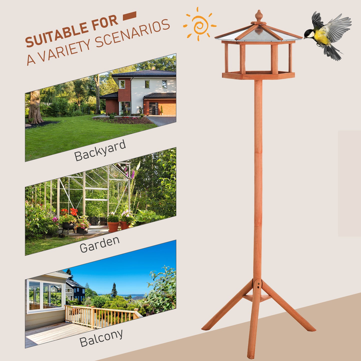 PawHut Wooden Bird Table For The Garden Feeding Station, 153Hcm