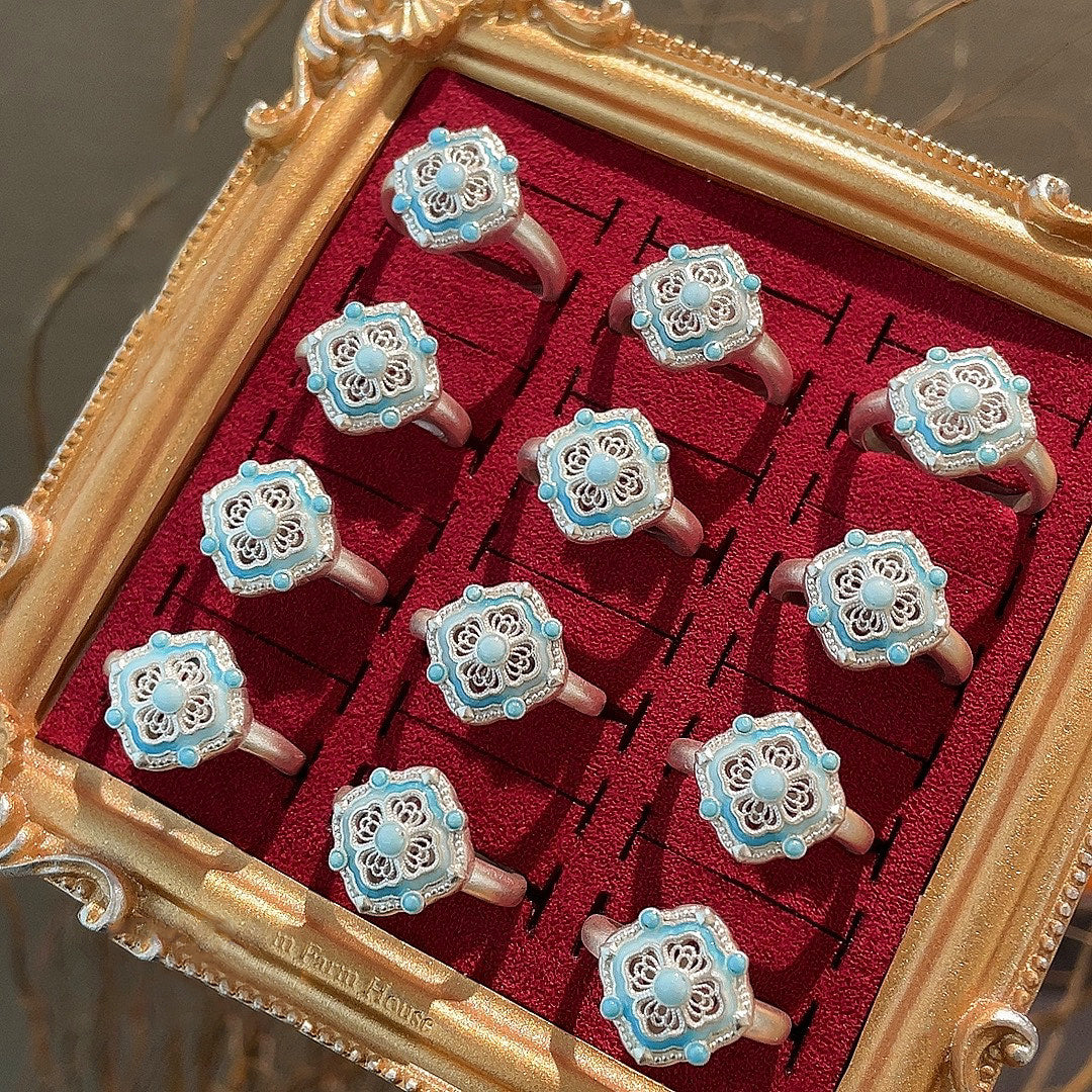 1pcs 999.9 Sterling Silver Filigree Enamel Treasure Flower Ring, Luxury Retro Style, Ideal For Birthdays & Holiday Gifts