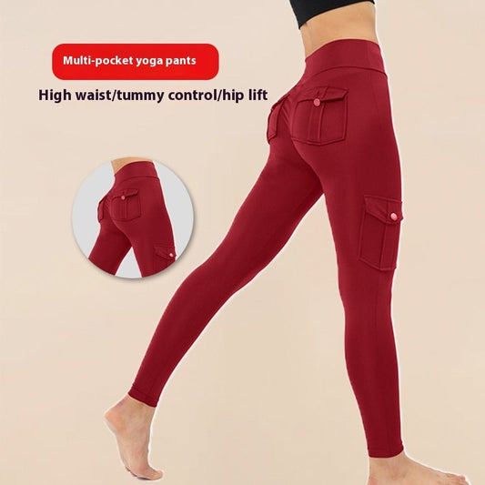 Workwear Multi-pocket High Waist Cropped Belly Contracting Hip Raise Fitness Pants