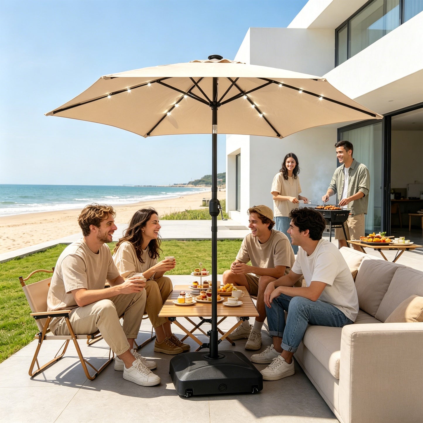 9ft Solar LED Patio Umbrella, 6-Rib Waterproof Outdoor Market Umbrella With Push Button Tilt & Crank, Sun Shade For Garden Pool Deck, Beige