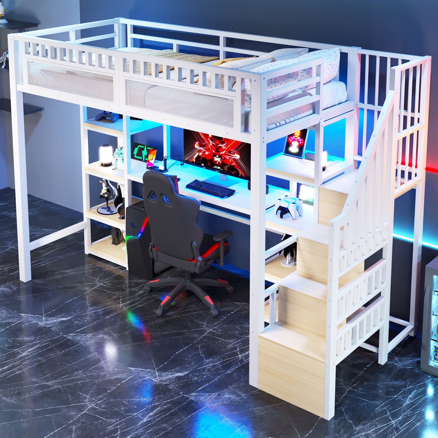 Loft Bed, 90 X 200 Cm, Iron Frame, Storage Compartment, Ladder With Storage Space, Desk, LED Light Strip, USB Port Included, Without Mattress, White