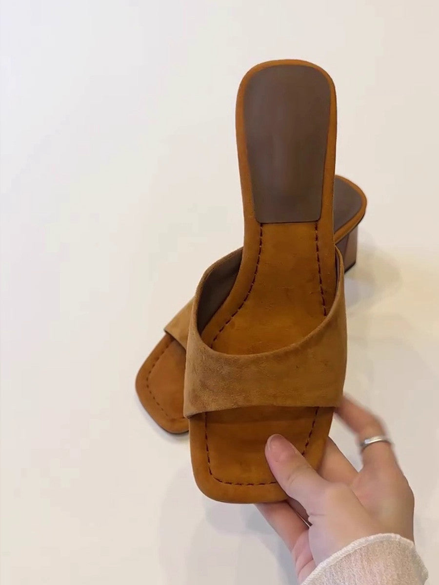 Elevated Version French Open Square Toe High Heel Slides For Women, Simple Slip-On Block Heel All-Match One-Strap Summer Outdoor Sandals