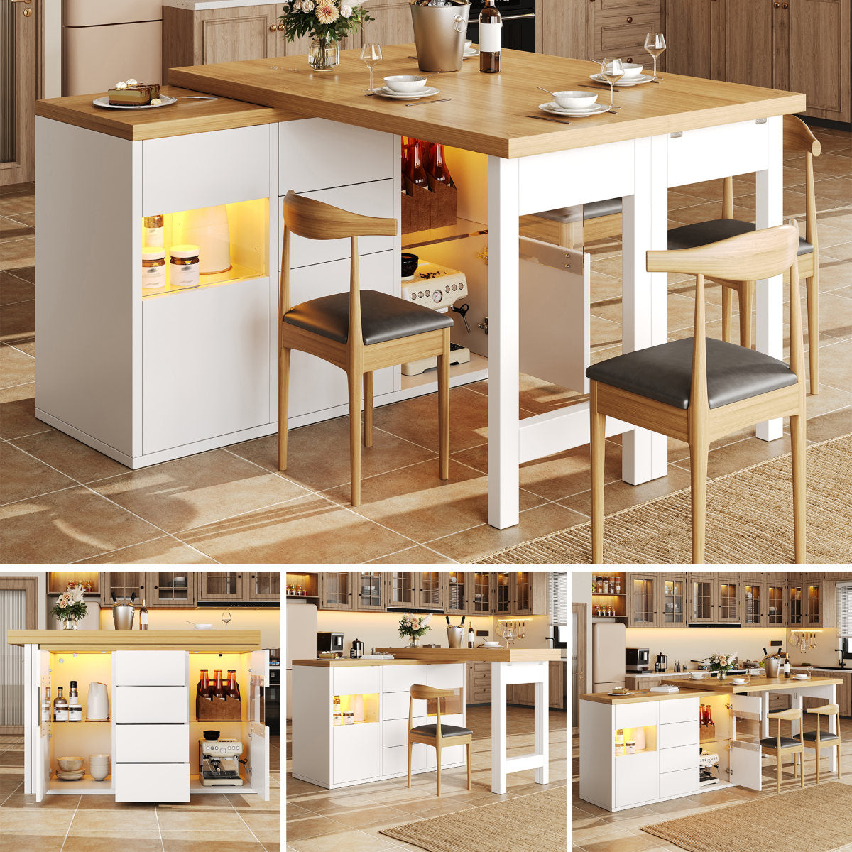 Extendable Sideboard & Dining Table Combo With LED Lights, Adjustable Dining Table With Storage, 4 Drawers & Glass Cabinet Doors, White