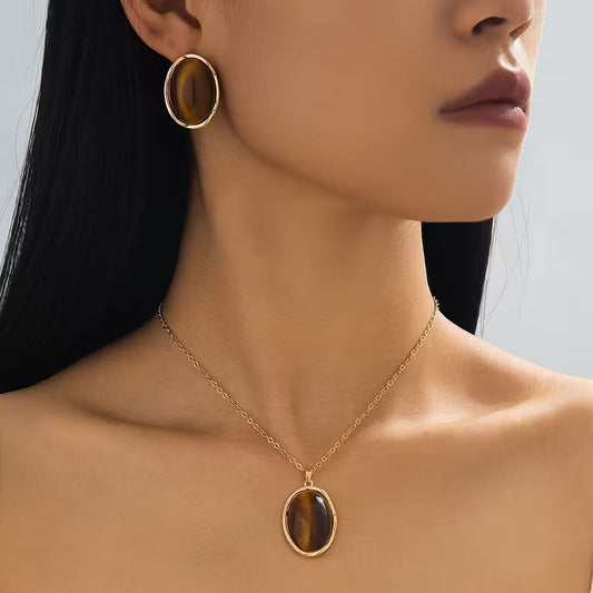 European American Exaggerated Water Drop Jewelry Set, Faux Tiger's Eye Inlaid Drop Pendant Stud Earrings & Necklace, Elegant Hepburn Style Textured Women Accessories