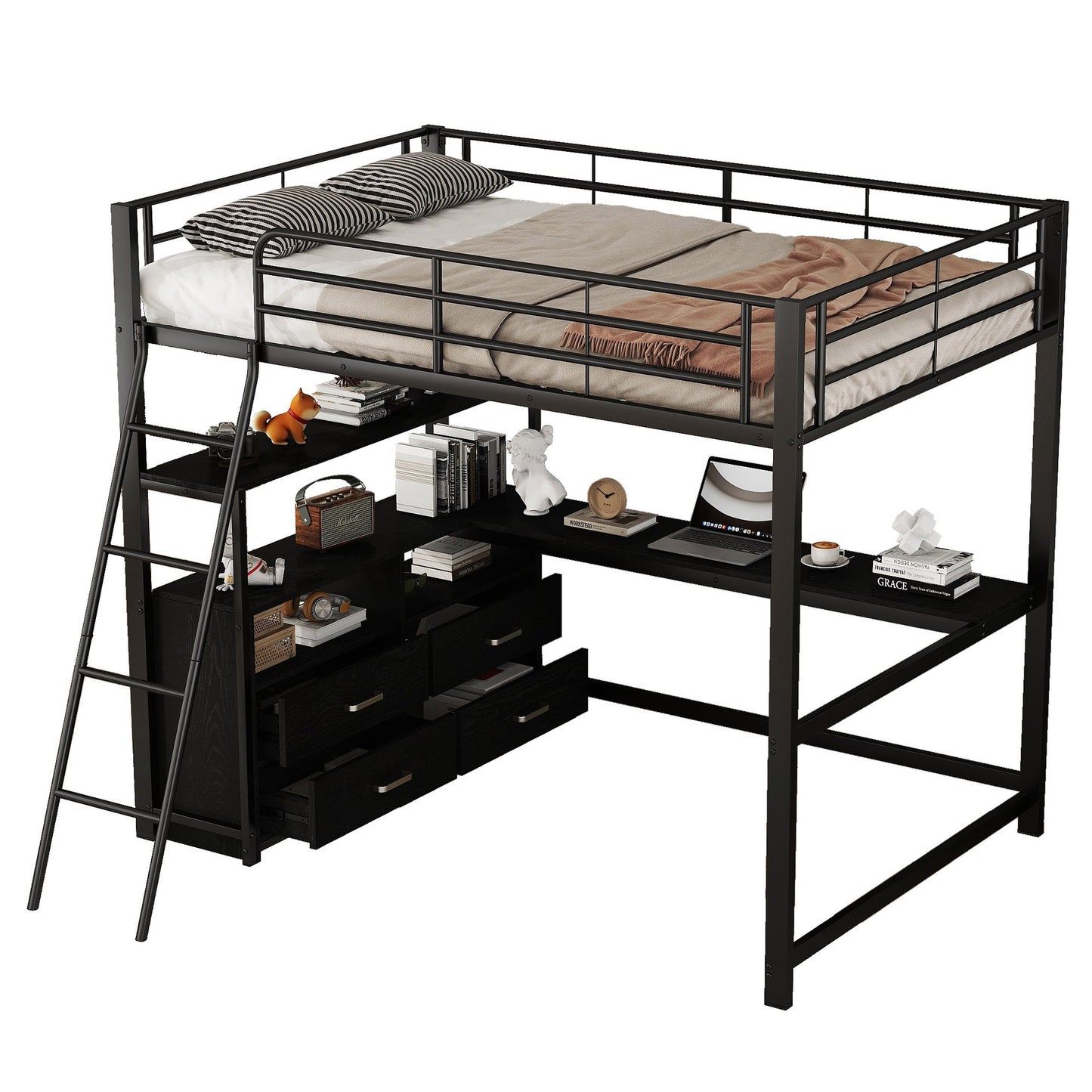 Loft Bed, 140X200cm, Iron Frame Bed, Practical Drawers, Stylish L-shaped Desk, Laminate Design, Without Mattress, Black