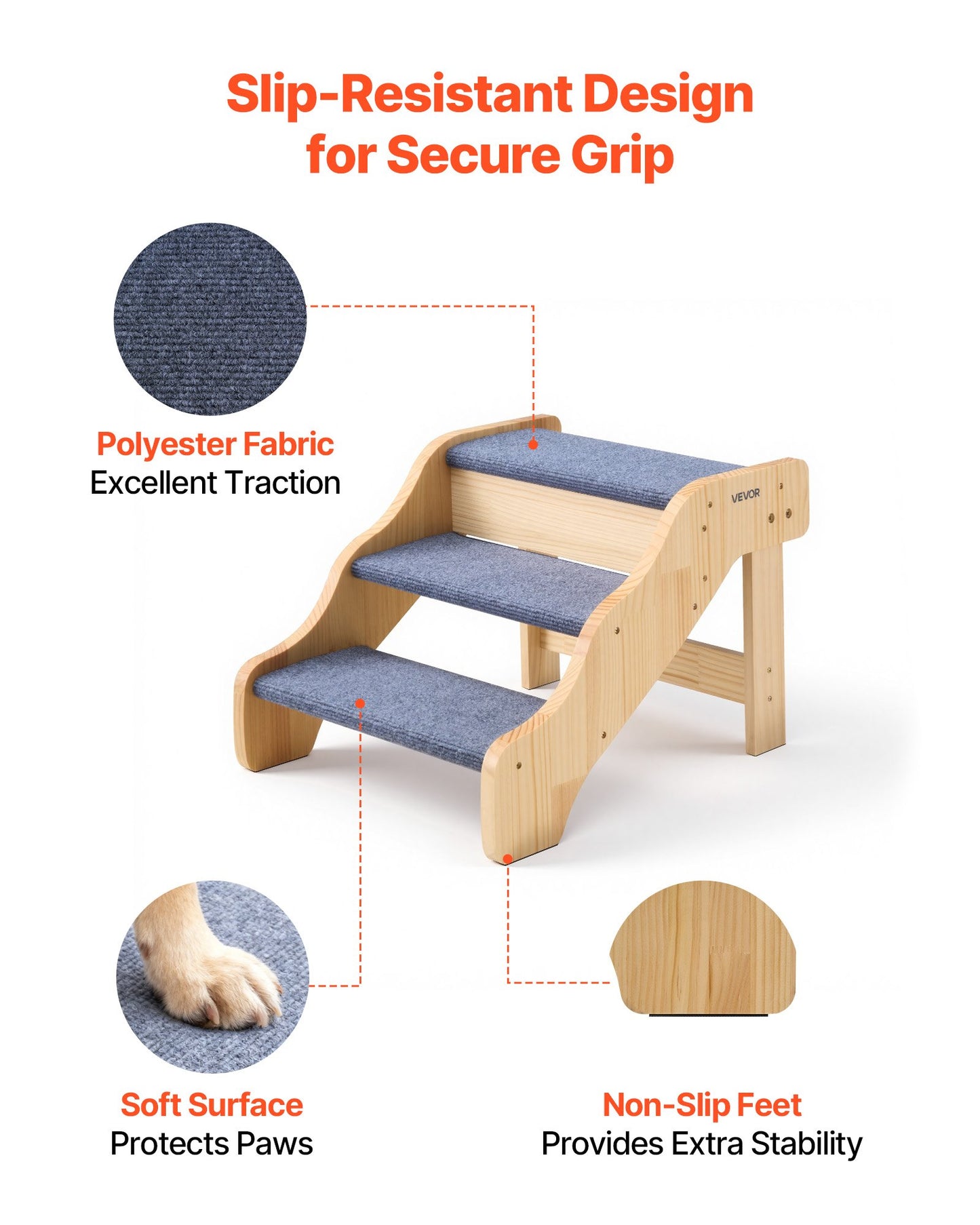 Wood Pet Stairs, 3-Step Dog Stairs For High Beds, Sofa & Cars, 150lbs Load Capacity, Non-Slip Surface, Stable Cat & Dog Step Ladder For Small Medium Large Older Pet Puppy Essentials