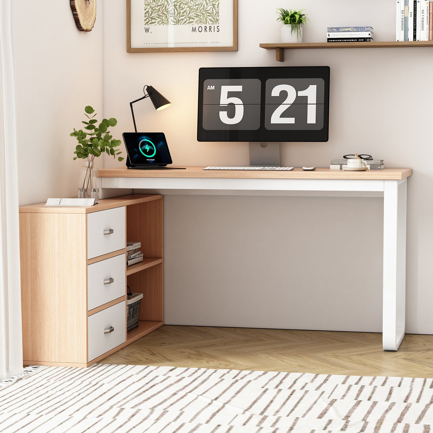 Simple Desk, Office Desk, Three Drawers, Two Open Storage Compartments, Solid Steel Tube, Wide And Thick Table Top, Stable Load Capacity, Natural