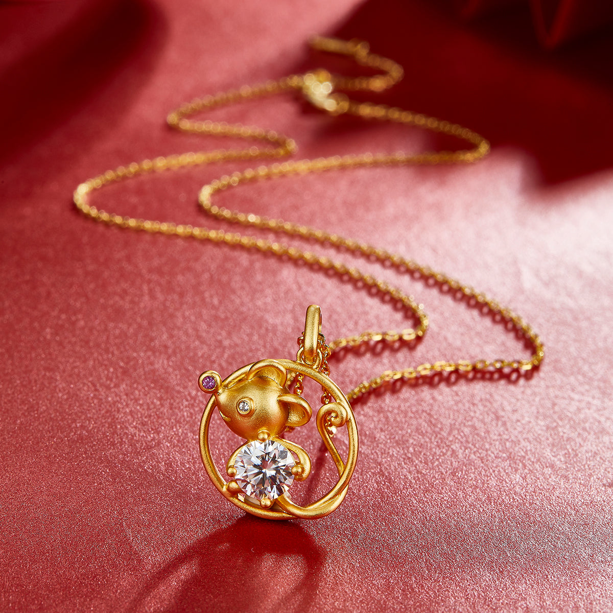 S925 Silver Gold Plated 1ct D Color VVS1 Moissanite Rat Necklace 4.5g Chinese Zodiac Benmingnian Gift GRA Certified Gift Box
