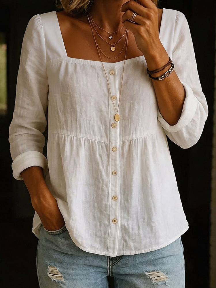 Womens Fashion Solid-color Long-sleeve Square-neck Button-up Shirt