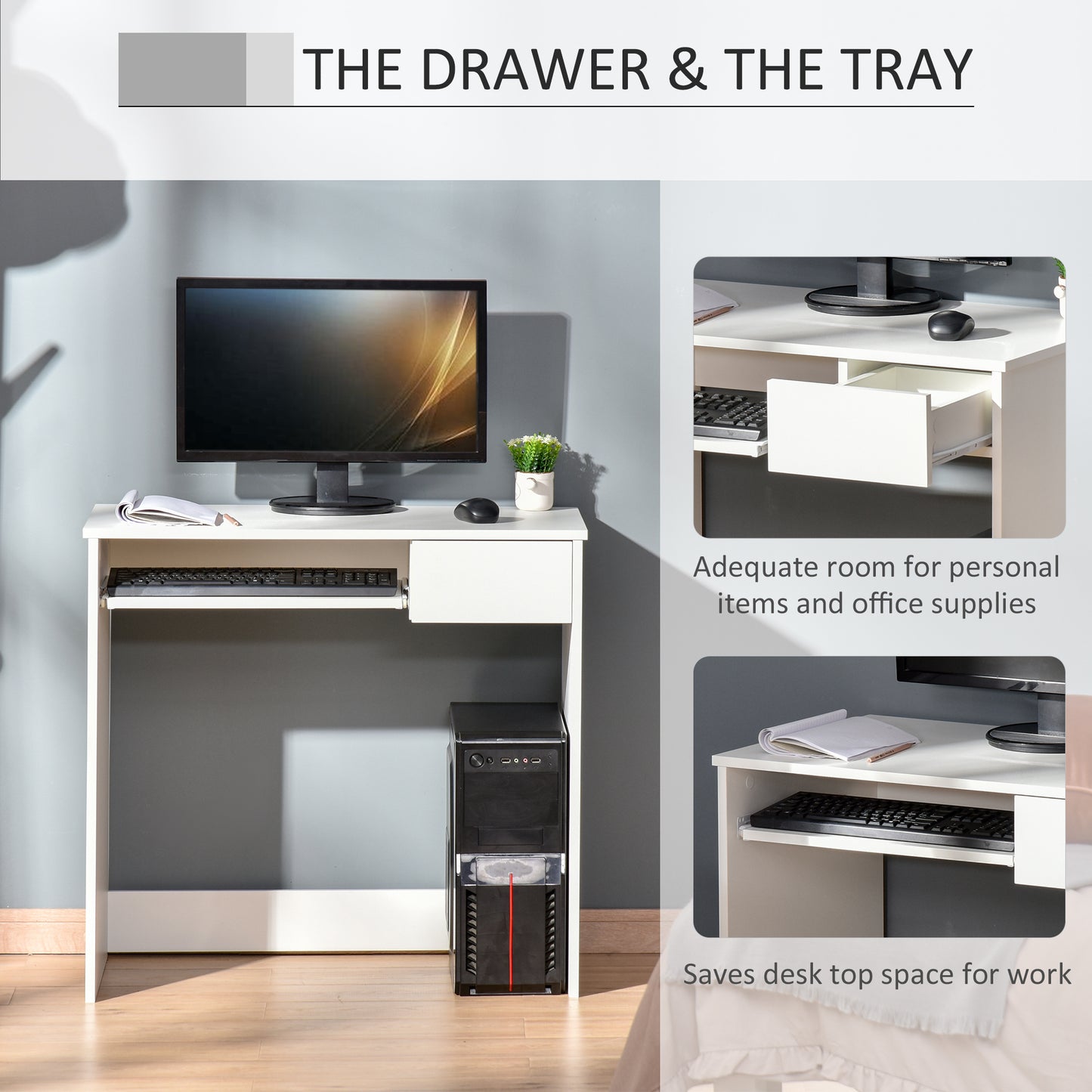 80cm Compact Computer Desk With Keyboard Tray, Home Office Desk With Drawer For Bedroom Study, White