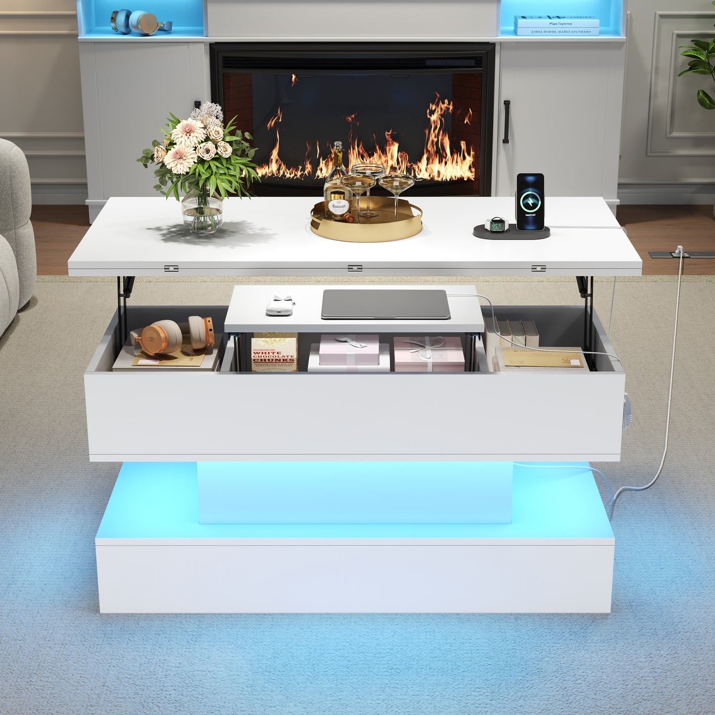 100x50x51.5cm Coffee Table With Power Outlet, USB-C & USB Charging Port, Multifunctional Living Room Table With LED, Liftable Coffee Table, Height-adjustable Sofa Table, Side Table And Dining Table Wi