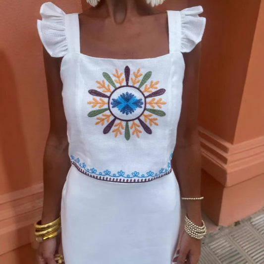 Summer Fashion Personalized Puff-sleeve Top And Midi Skirt Set