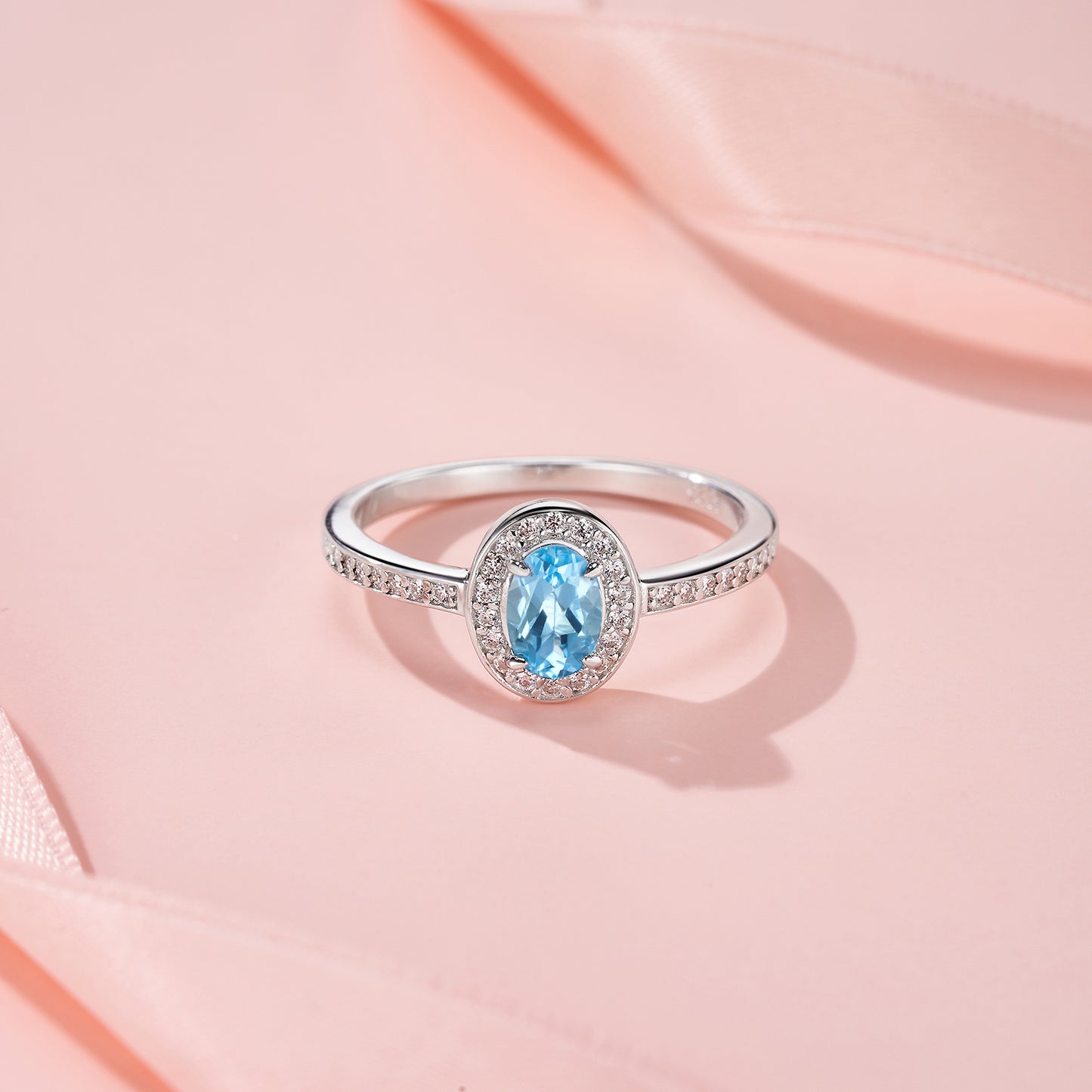 S925 Sterling Silver Platinum Plated Ring  Oval Cut Blue Topaz Halo Band 2g Dainty Promise Ring For Women Fashion Jewelry Gift Box Set