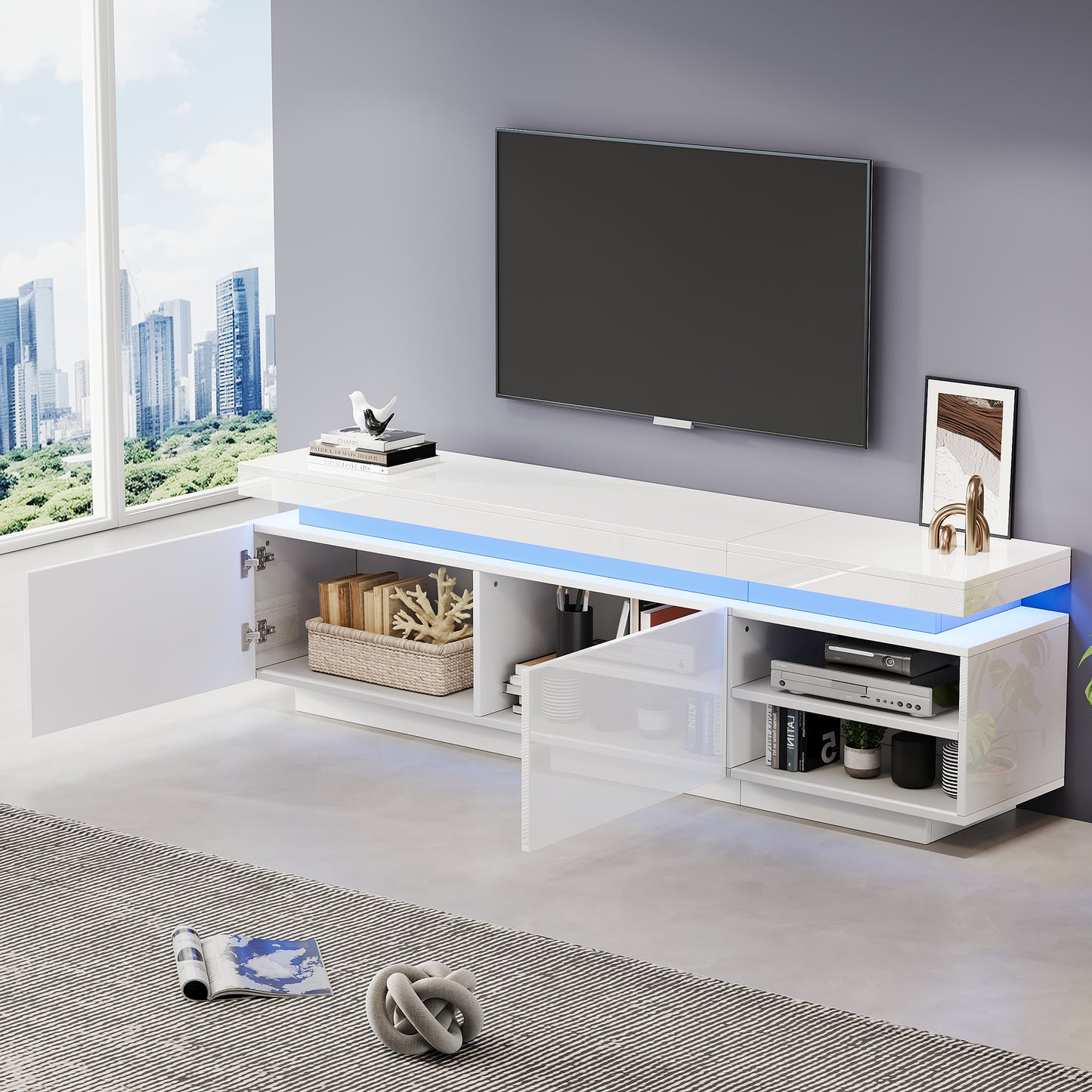 Modern Lowboard High Gloss TV Cabinet With LED Lighting, TV Board, TV Dresser, Suitable For 70 Inch TVs, Table, Universal Gaming Media Stand, Storage Cabinet And Large Storage Space, White