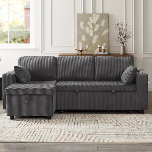 3 In 1 Convertible Corduroy Sofa Bed With Storage Chaise, L Shaped Sleeper Sofa Couches With Armrest Storage And Charging Station. Pullout Sectional Daybed For Living RoomBedroomOffice, Grey