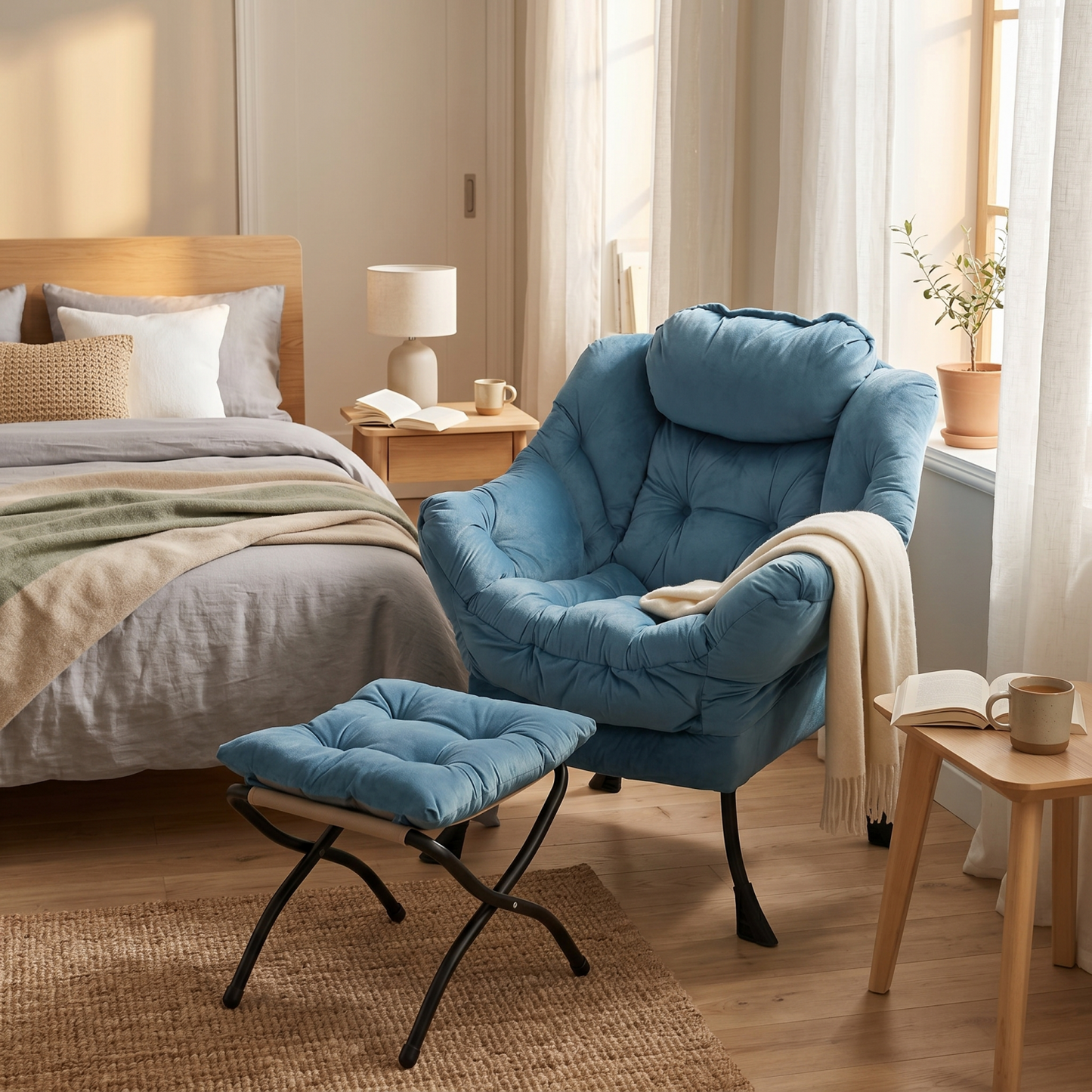 Armchair With Stool, Recliner With Armrests, Side Pocket & Footrest, Lounge Chair, TV Armchair, Wing Chair For Living Room, Bedroom, Office Blue
