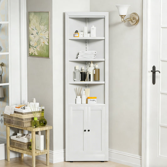 71  Tall Corner Storage Cabinet With 2 Doors, 5-Tier Metal Cabinet With Adjustable Shelves, Freestanding Kitchen Storage For Pantry, Living Room, Bathroom, Laundry Room, Space Saving Furniture, White