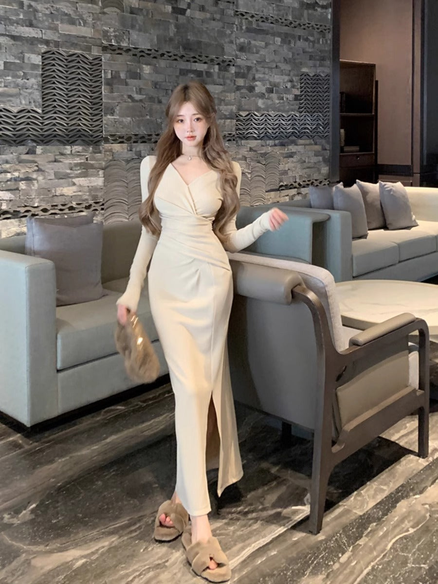 Womens Stylish Slit Body-hugging Long-sleeve Dress