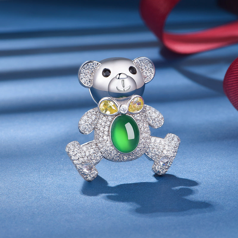 S925 Silver Pave Bear Brooch 8x6mm Oval Green Chalcedony 7g Platinum Plated Fashion Gift Box