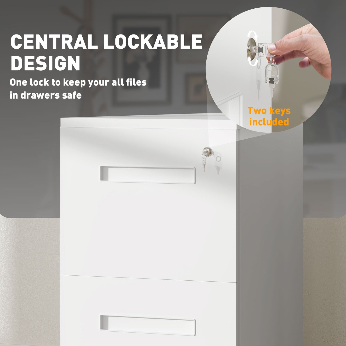 Vinsetto Metal Mobile File Cabinet With Wheels, Lockable 2 Drawer Filing Cabinet For A4, Legal, Letter, Compact Under Desk Storage Unit With Pre-Assembled Body For Home Office, 39 X 48 X 67cm, White