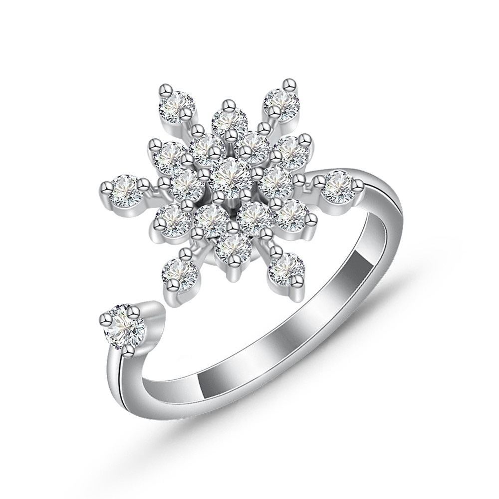 Christmas New Year Niche Unique Design Full Diamond Rotating Ring, Snowflake Open Adjustable Pure Copper Non-fading Ring