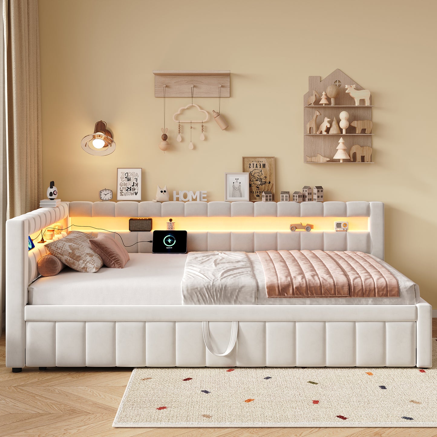 3ft Single Velvet Daybed, Sofa Bed With RGB LED Lights And Charging Station, Upholstered Sofa Bed With Trundle, Pull Out Trundle Bed For Living Room, Bedroom Or Study, Beige  No Mattress