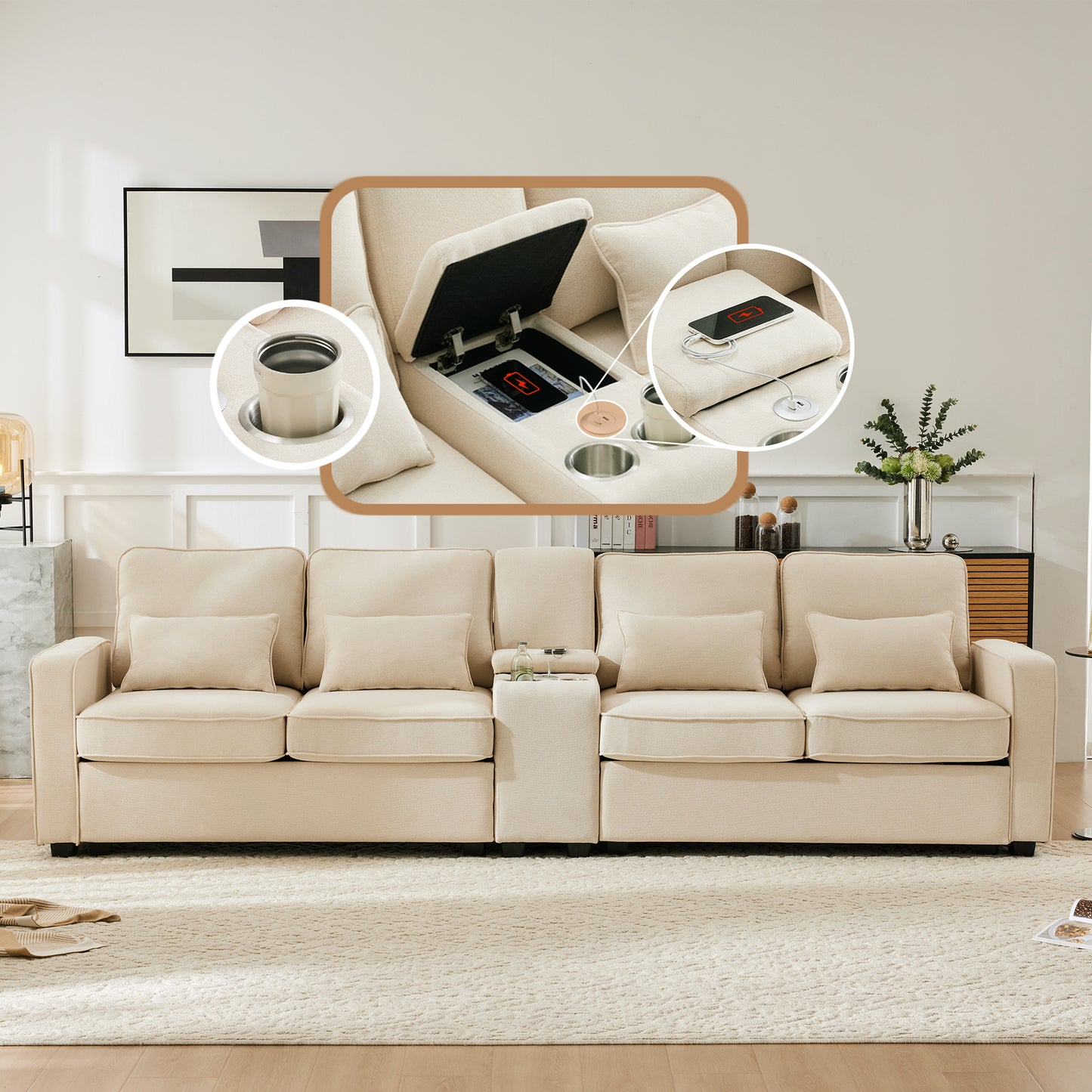 Modern 4 Seater Sofa In Linen Fabric With Console, 2 Cup Holders, 2 USB Ports For Charging With Cable, With Armrest Pockets And 4 Cushions, Simple Sofa For Living Room, Apartment, Office